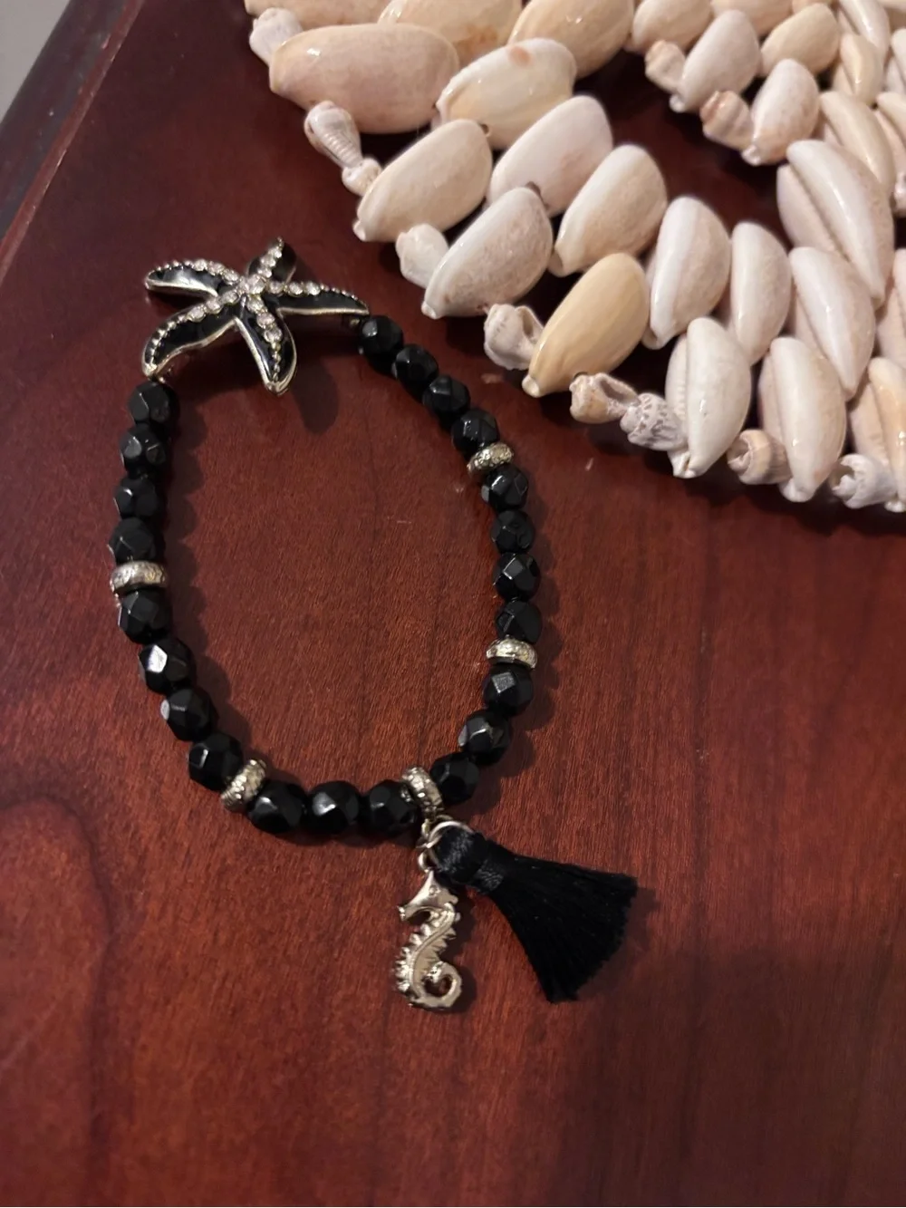 Black Beaded Starfish/Seahorse  Charm Bracelet with Tassel